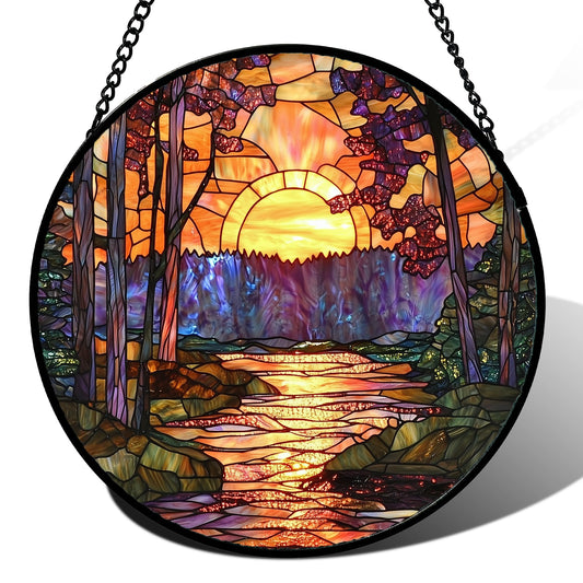 JOSUMALY Stained Glass Window Hanging, Orange Landscape Green Purple Lake Forest Suncatcher for Doors Window Home Sun Catchers Decor Mother's Day Birthday Gifts for Women Men Mom 9.8 in