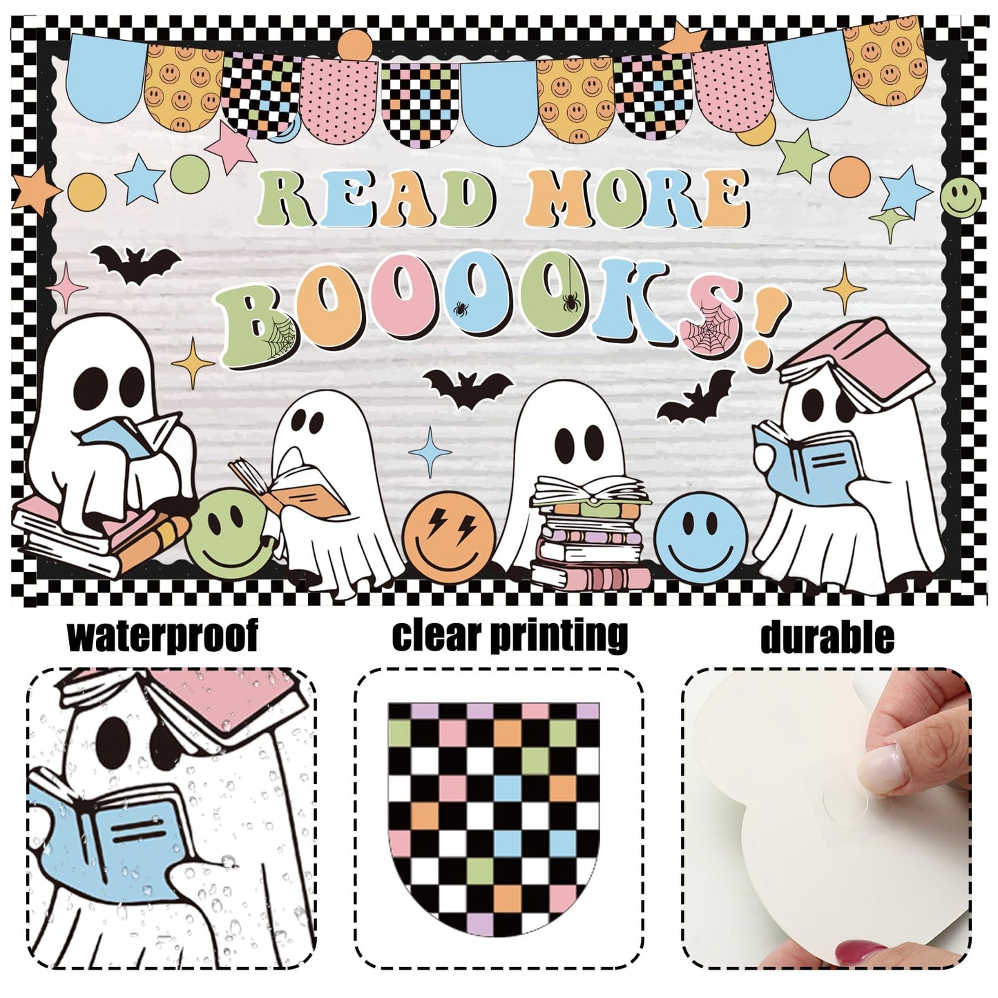 JarThenaAMCS 89 Pcs Halloween Bulletin Board Decoration Set Ghost Book Paper Cutouts with Glue Points for Party School Nursery Classroom Chalkboard Office Home Wall Decor