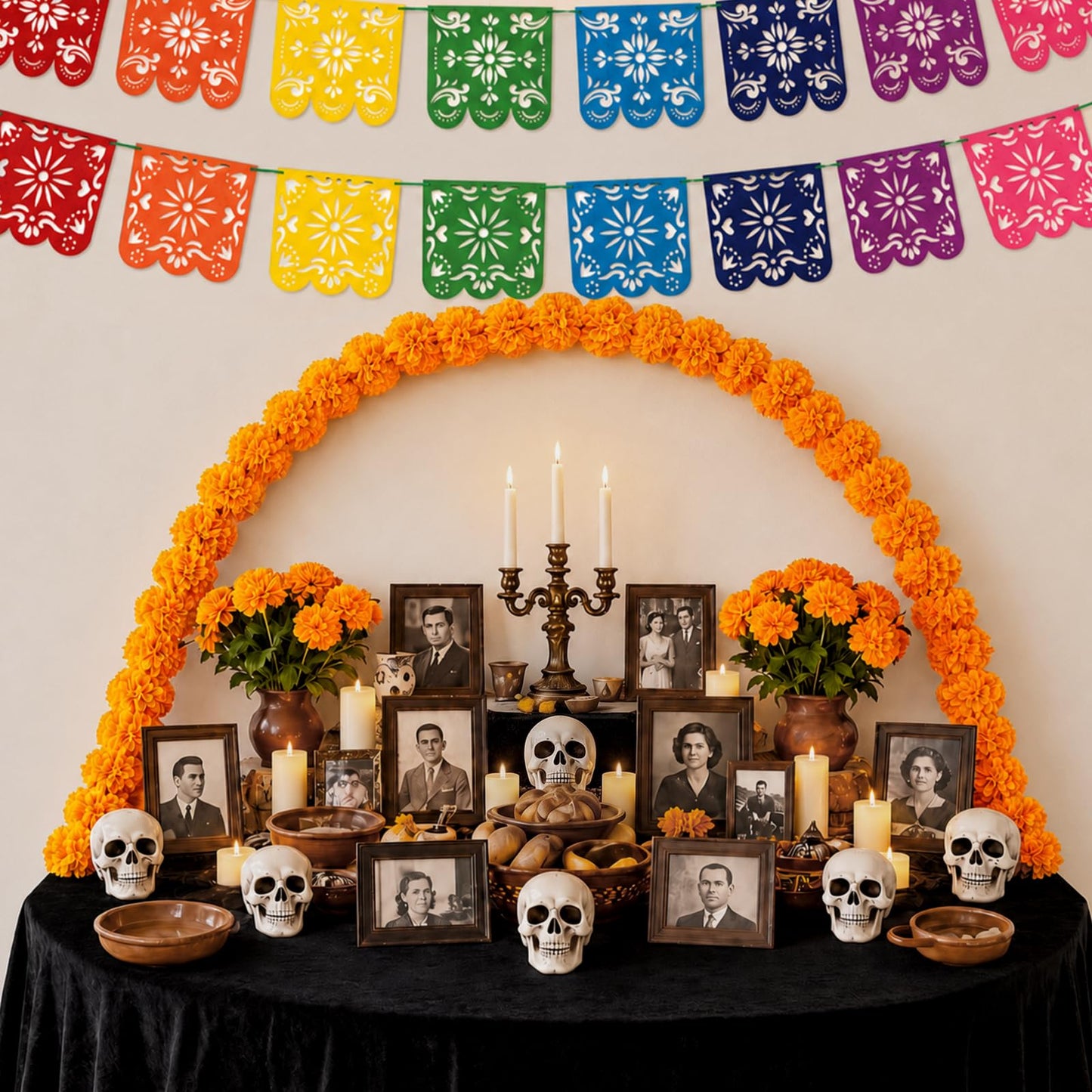 Geelin 12pcs Día De Los Muertos Decorations Kit Day of the Dead Altar Decor Set with Black Flannel Backdrop Papel Picado Banner Marigold Flowers Skull Decor for Halloween Mexican Home