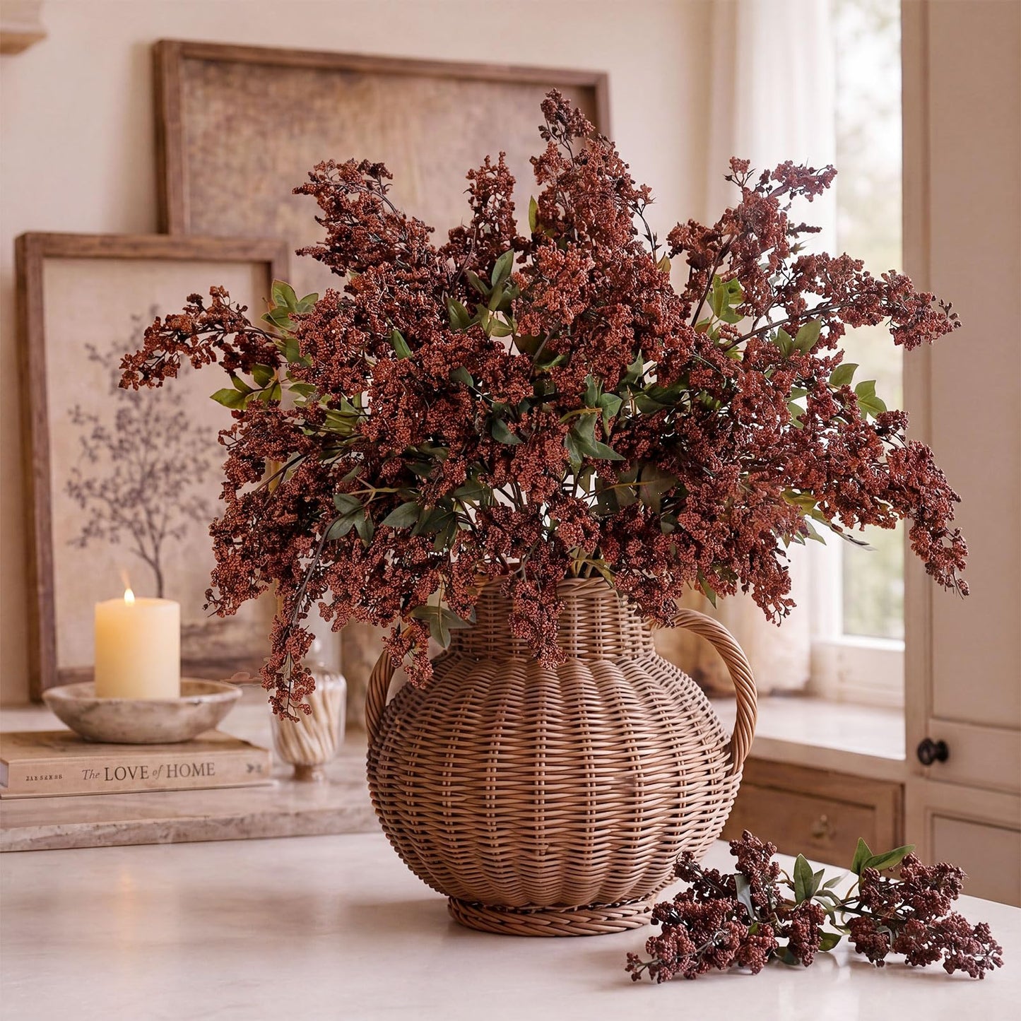 Suncalla 3 Pcs Brown Artificial Nandina Berry Stem for Vase, 47 Inch Dusty Plum Faux Berry Spray Fake Plant Branches with Stems Filler Farmhouse Fall for Home Decor Wedding Holiday Table Mantel Shelf