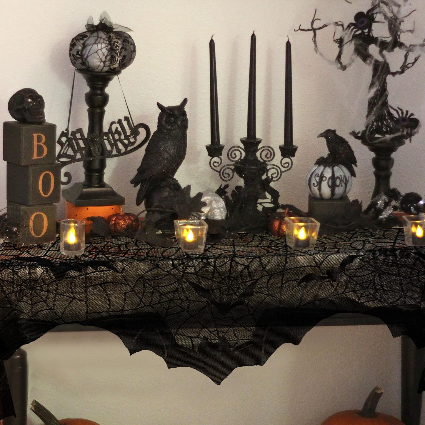 AerWo Halloween Decorations Indoor Fireplace Mantel Scarf, Black Lace Spiderweb Fireplace Cover for Halloween Mantle Decor Festive Party Supplies,20x79 inches