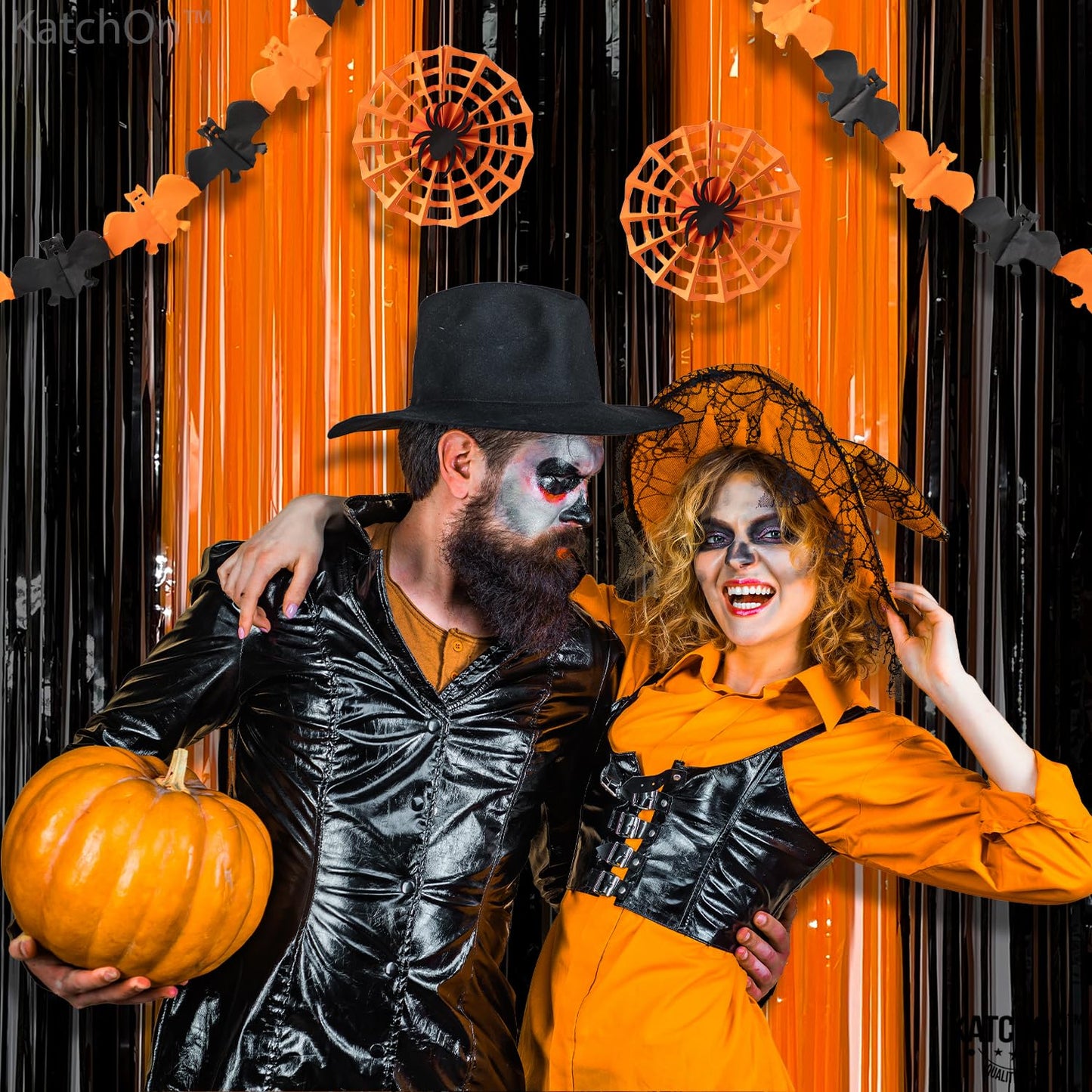 KatchOn, Black and Orange Foil Fringe Curtain - XtraLarge 3.2x8 Feet, Pack of 2 | Orange and Black Streamers, Halloween Decorations | Fringe Backdrop Curtain for Birthday, Summerween Party Decorations