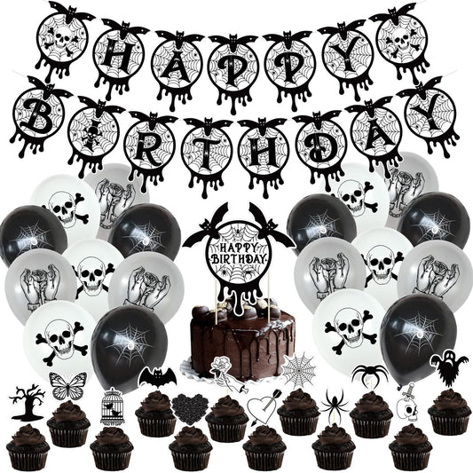 Gothic Black and Silver Horror Theme Birthday Party Supplies Funeral Decorations with Balloons Die Cut Skulls Hearts Ghosts Bats Spiders and Screaming Faces Halloween Party Supplies