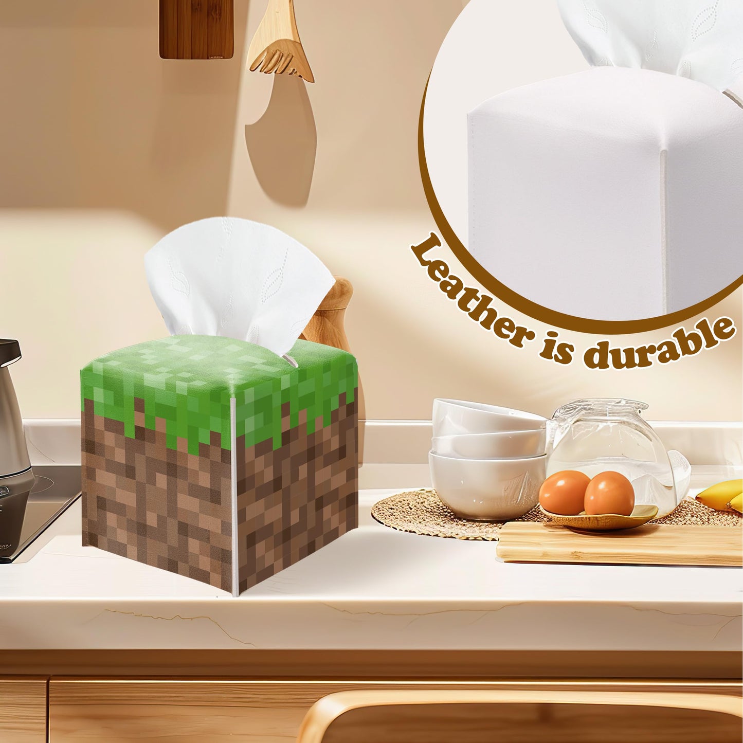 Pixel Grass Block Leather Tissue Box Cover, Square Holder
