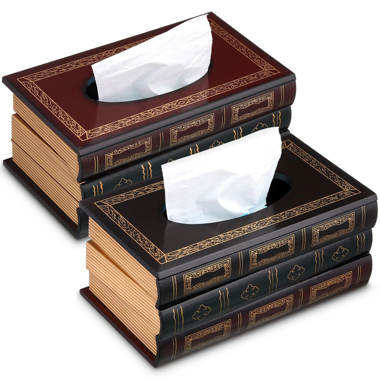 Teenyyou 2 Pcs Wooden Retro Book Tissue Box Cover Antique Tissue Box Cover Rectangular Classical Novelty Toilet Paper Holder Dispenser Medieval Home Decor for Bathroom Living Room Office Car Kitchen
