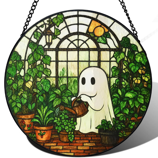 Zizzie Stained Glass Cute Ghost Watering Plants Suncatcher - 7.9" Spooky Greenhouse Gardener Window Hanging, Kawaii Halloween Decor, Cottagecore Gift for Plant Lover Mom