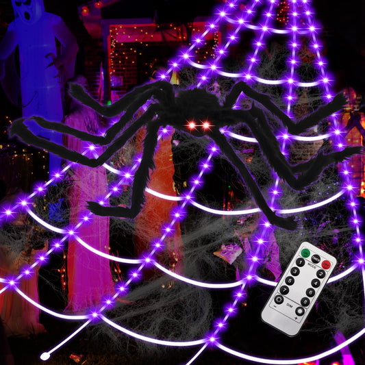Eossth Spider Webs Halloween Decorations,16.4Ft 8Modes Super Bright 250LED Halloween Lights with Remote Control,49'' Giant Glowing Super-Realistic Spider,Halloween Decorations for Yard,Outside