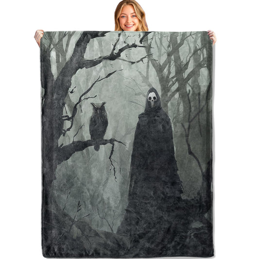 MIEPOS Horror Haunted Forest Gothic Throw Blanket,50x60in,Soft,Lightweight Flannel,Owl and Ghost Black Goth Blankets - Gifts for Adult,for Couch Office Travel,Home Living Room Halloween Decor