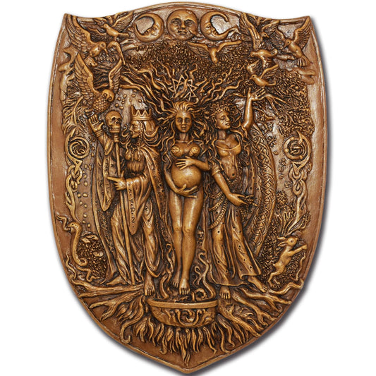 Pinra Triple Moon Wall Decor Pagan Wiccan Triple Goddess Maiden Mother Crone Shield Statue Celtic Wall Art Irish Feminism Gods Hanging Shield Wall Plaque Sculpture Khaki
