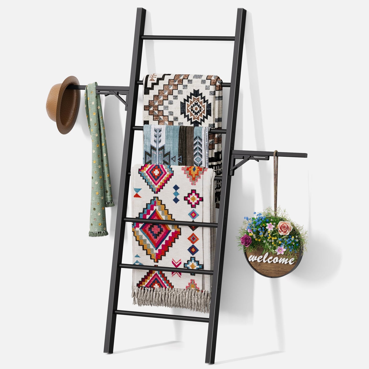 Metal Blanket Ladder, 7-Tier Towel Rack with Ajustable Side Rack, Blanket Rack Stand for Living Room, Bathroom, Quilt Display Ladder Shelf, Farmhouse Black