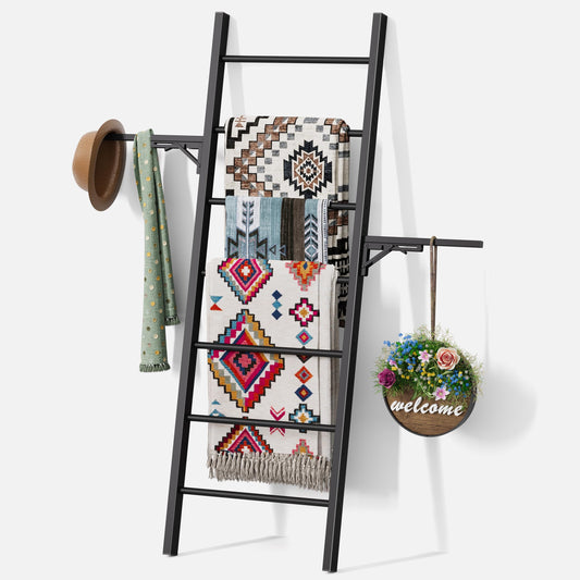 Metal Blanket Ladder, 7-Tier Towel Rack with Ajustable Side Rack, Blanket Rack Stand for Living Room, Bathroom, Quilt Display Ladder Shelf, Farmhouse Black