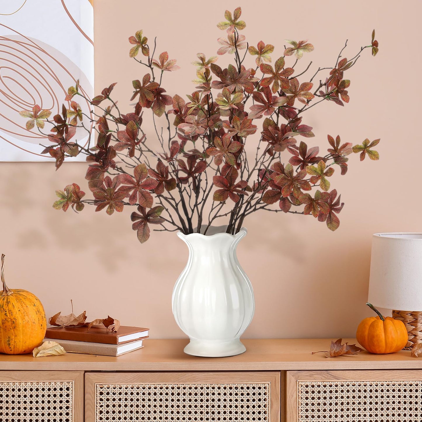 Suncalla 4 Pcs 30 Inch Fall Leaves Stems for Vase Artificial Rusty Quince Leaf Faux Branch Floral Pick Fake Twig Plants with Long Stem for Home Table Centerpiece Harvest DIY Decor