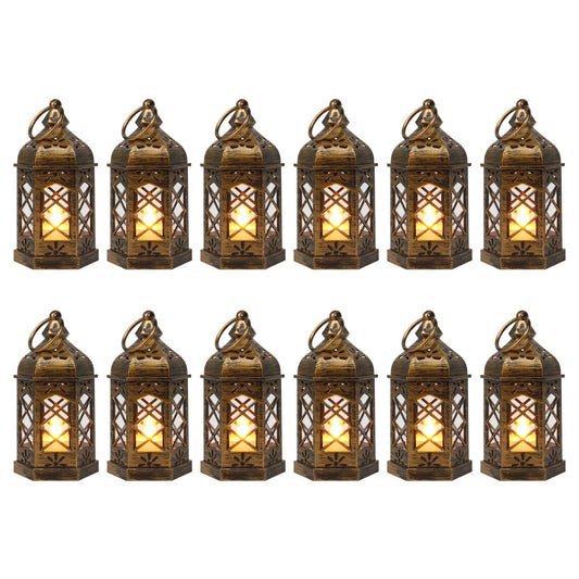 LLQ Mini Lantern with LED Candle, 12PCS Small Lanterns Decorative Indoor, Vintage Moroccan Lights for Halloween Decorations, Hanging Ornaments for Christmas, Table Centerpiece, Boho Wedding Decor