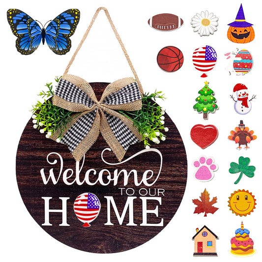 Interchangeable Seasonal Welcome Sign Front Door Decorations, Round Wood Wreath for Outdoor, Farmhouse, Porch Perfect for New Home Housewarming Gift, Valentine's, Easter, Christmas Home Decor