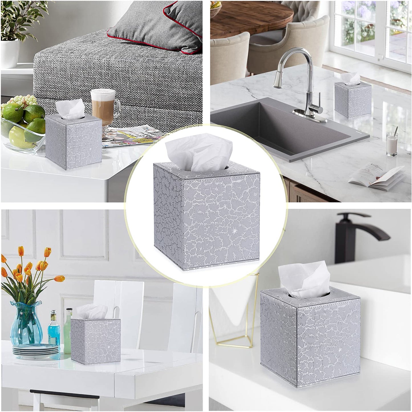 Sumnacon Square Leather Tissue Box Cover - Stylish Cube Tissue Box Holder with Magnetic Bottom, Decorative PU Tissue Box for Vanity Dresser Night Stand Table Countertop Home Office Car, Silver