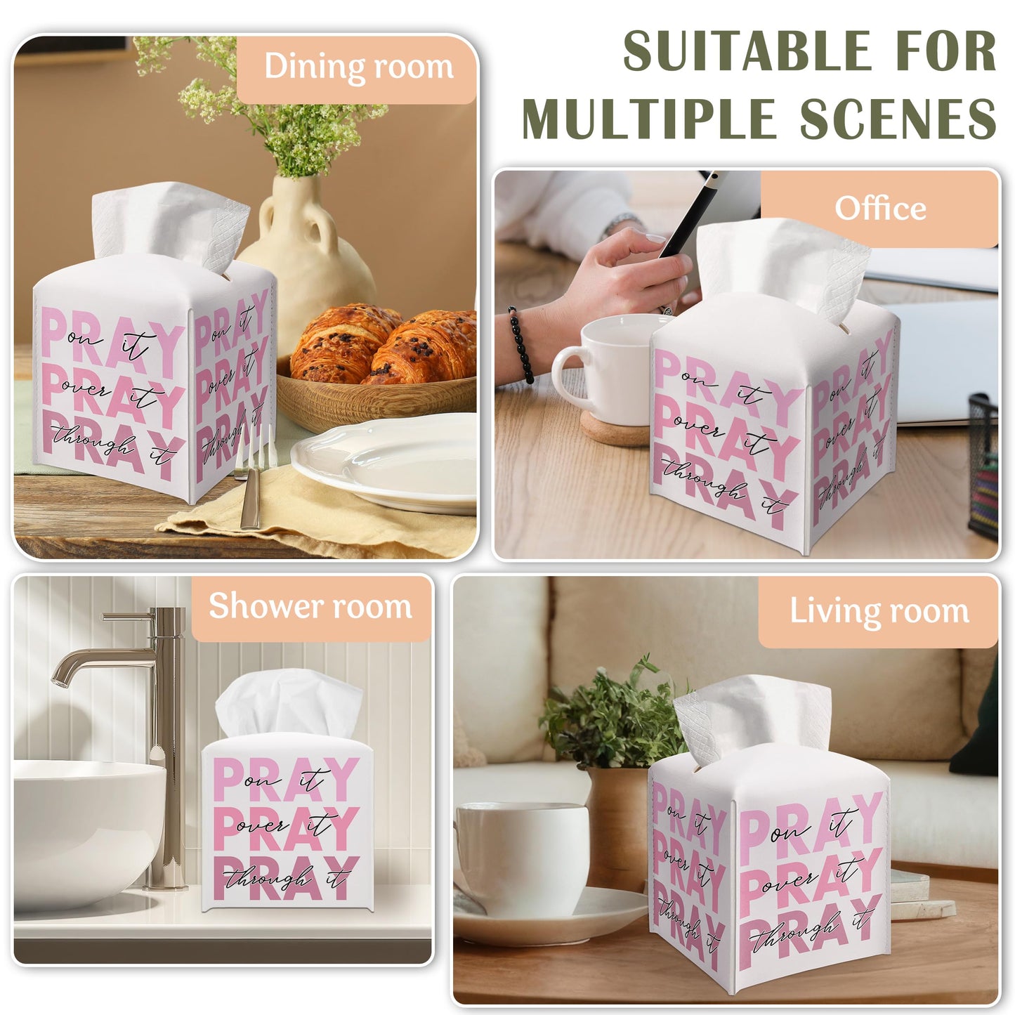 Pink Gifts Tissue Box Cover Square, Inspirational Gift Ideas for Friends, Pray Over It, Skeleton Desk Decor for Bathroom Office, Housewarming New Home Favor-(5.2 Inches) A60