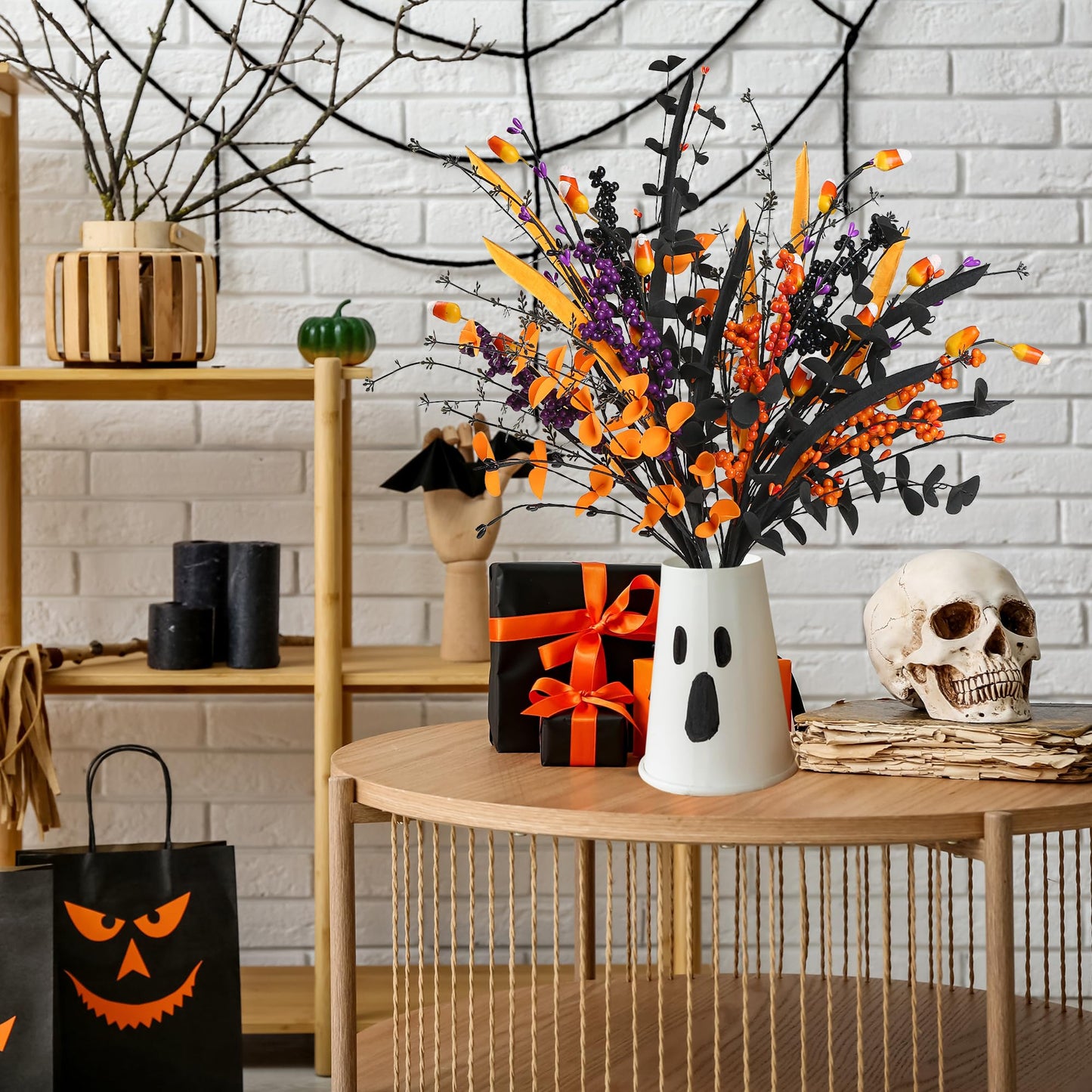 Sggvecsy 6 Pcs Artificial Halloween Stem with Berries Teeth Black Orange Leaves Faux Picks Decorative Twigs for Flower Arrangemant Table Centerpiece Halloween DIY Crafts Festival Home Decoration