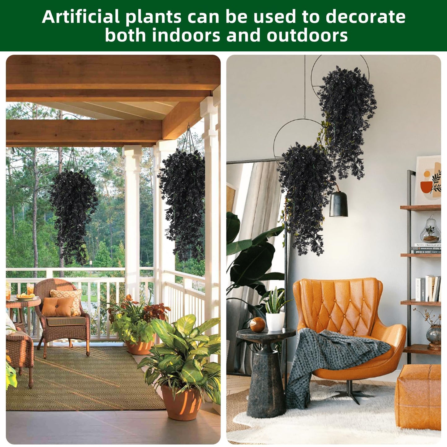 RECUTMS 2Pcs Artificial Black Hanging Flowers for Outdoors Decoration Fake Hanging Plants UV Resistant Plastic Greenery Vines Ivy for Halloween Gothic Home Porch Wall Garden Party Decor（Black）