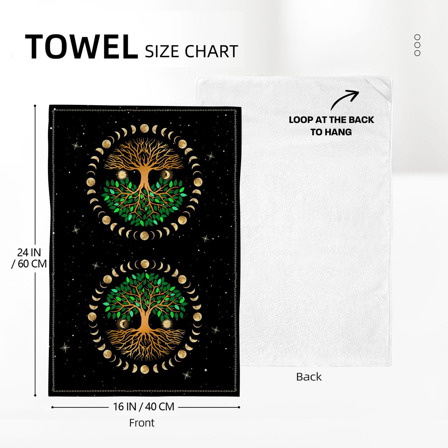 Wovoto Black Kitchen Dish Towel Set of 2, Ancient Life Tree Decorative Tea Towels Hand Towels for Kitchen Bathroom Farmhouse Bar Decor, Moon Luna Hippy Decor Drying Cloth