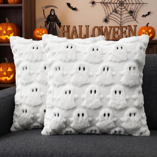 AVOIN colorlife Halloween Ghost White Throw Pillow Cover Set of 2, 20 x 20 Inch Soft Plush Faux Fur Jacquard Spooky Cushion Case Decoration for Sofa Couch