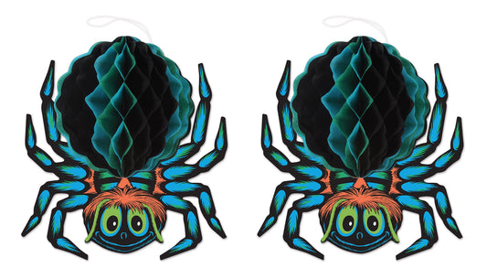 Beistle - 1457 Beistle Tissue Spiders, 2 Piece Vintage Halloween Decorations, 12" x 12.5", Blue/Black/Brown/Green