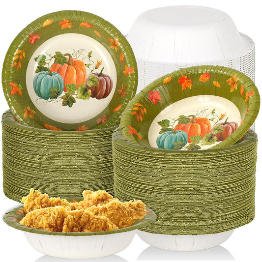 Whaline 100 Pcs Fall Paper Bowls Pumpkin Maple Leaves Treat Snack Cups Watercolor Ice Cream Bowl for Autumn Thanksgiving Food Party Supplies