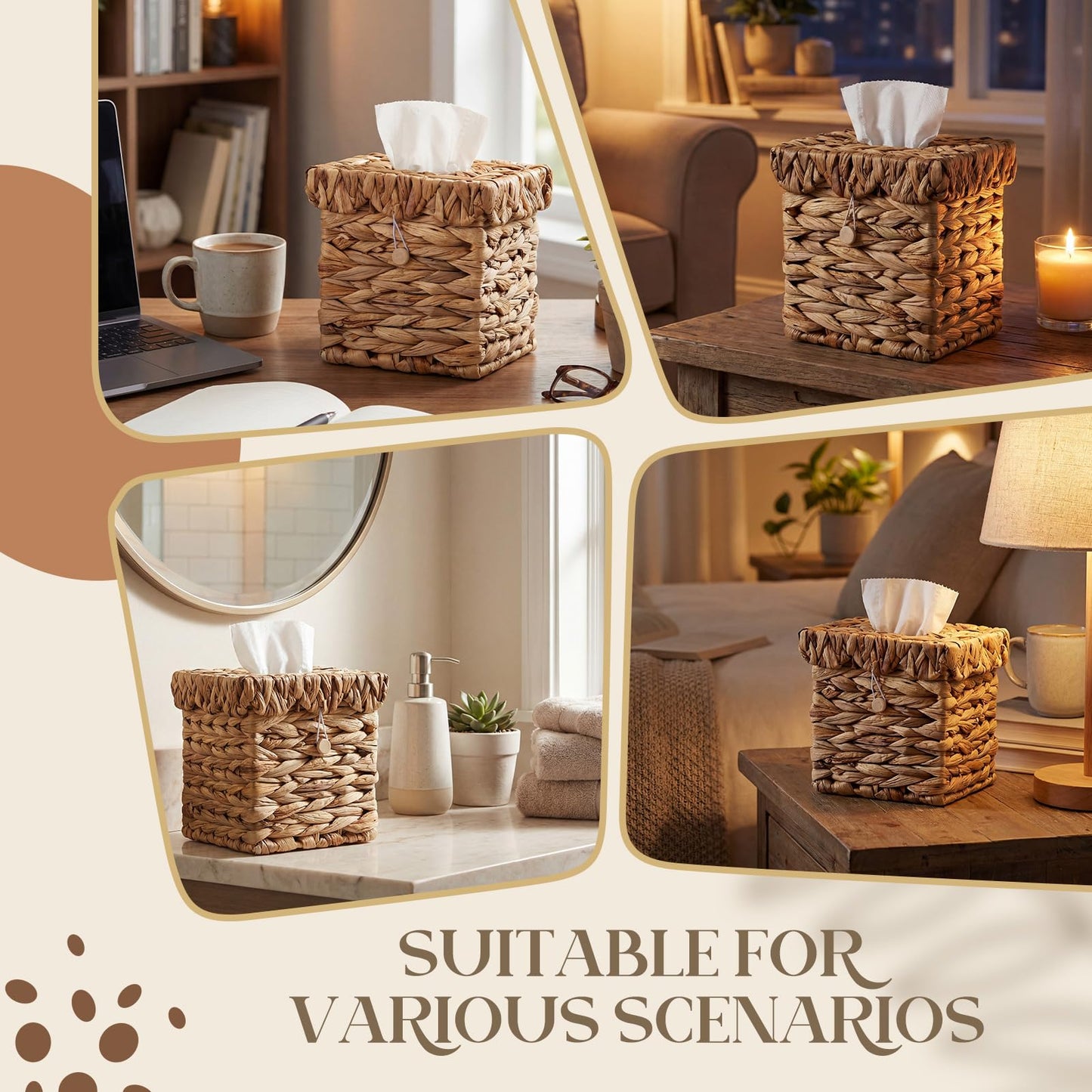 BrightRow Wicker Tissue Box Cover with Scalloped Lid 6 x 6 x 6 Inch Square Rattan Tissue Box Holder with Turn Over Top for Facial Napkins Boho Decorative Boxes on Table and Bathroom