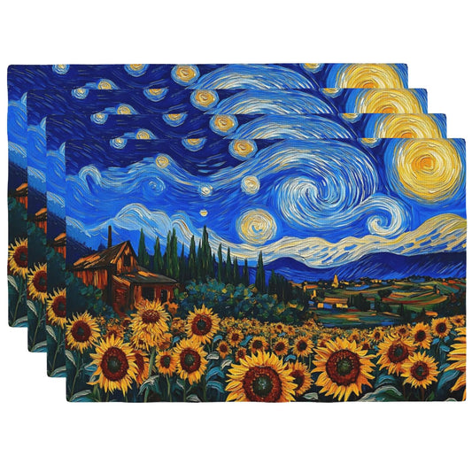 Starry Night Placemats Set of 4 Watercolor Sunflower Field Floral Table Mats Washable Rustic Farmhouse Heat Resistance Place Mat for Home Party Kitchen Dining Table Decoration 12x18 Inch