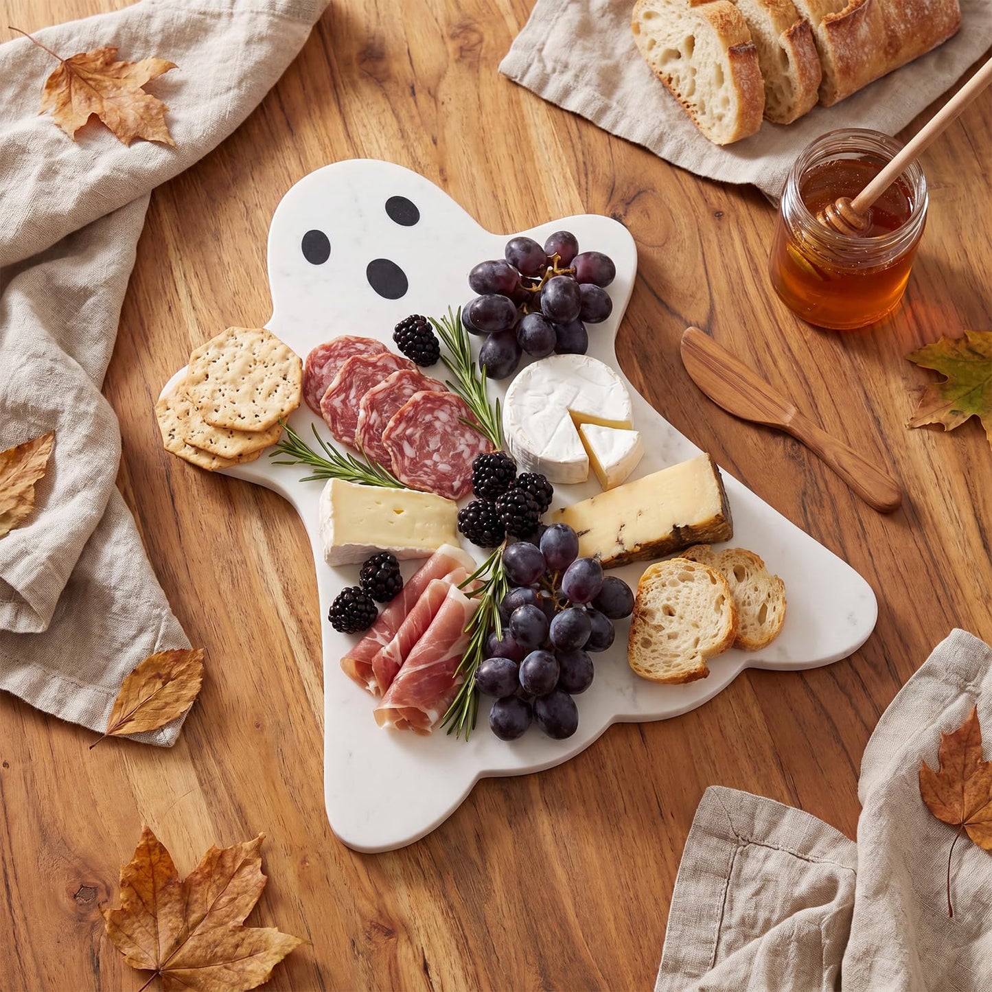 Reallnaive White Ghost Marble Cheese Board Halloween Charcuterie Serving Tray Marble Cutting Board for Cheese, Snacks, Appetizers and Kitchen