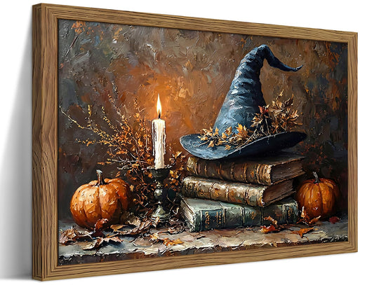 Framed Vintage Halloween Pumpkin Wall Art, Rustic Harvest Pumpkin Canvas Print, Farmhouse Fall Wall Decor, Witch Hat Halloween Artwork for Living Room Bedroom, 8x10in Wood Frame