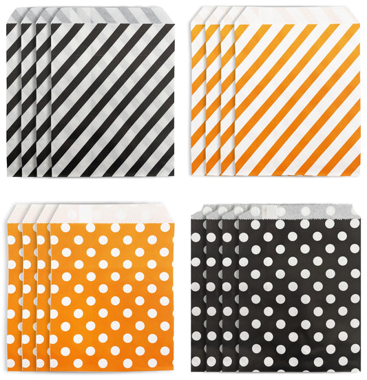 Jexila 100-Pack Halloween Treat Bags - Orange & Black Polka Dot Striped Pattern Paper Goodie Bags for Kids Trick or Treat Party Favors