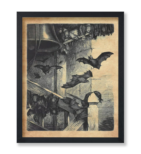 Poster Master Vintage Bats In The Belfry Poster - Retro Vampire Bats Print - Gothic Bat Art - Gift for Him, Her, Animal Lover - Wall Decor for Bedroom, Living Room - 8x10 UNFRAMED Wall Art