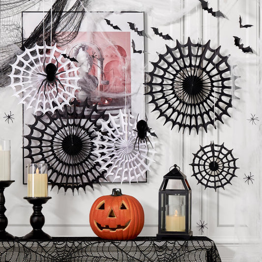 Spider Webs Halloween Decorations with 5 Black White Paper Fans, 6 Fake Spiders and 12 Bat Wall Stickers for Wall Indoor Outdoor Halloween Party Decor
