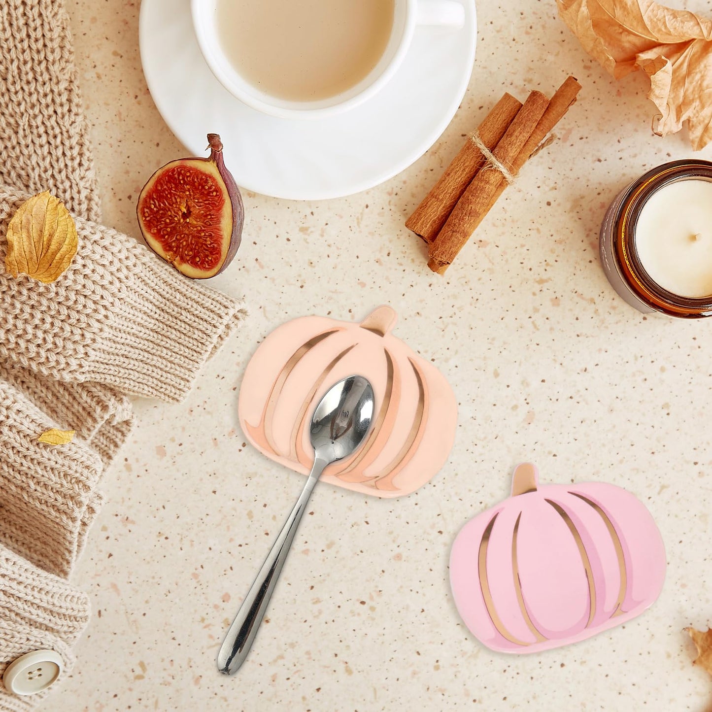 JarThenaAMCS 4 Pcs Fall Spoon Rest Pumpkin Shaped Ceramic Spoon Holder Sauce Dishes 2.7 Inch Ceramic Coffee Spoons Holder for Autumn Coffee Stirrer Teaspoon Bar Accessories Kitchen Office Decor