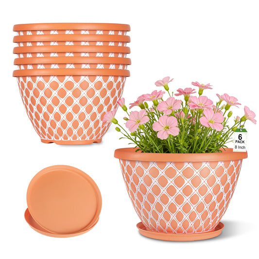 Nooulap 6 Pack 8 Inch Plant Pot, Flower Pots for Indoor Outdoor, Durable Decorative Planters for House Garden Plants Herbs Flowers Succulents