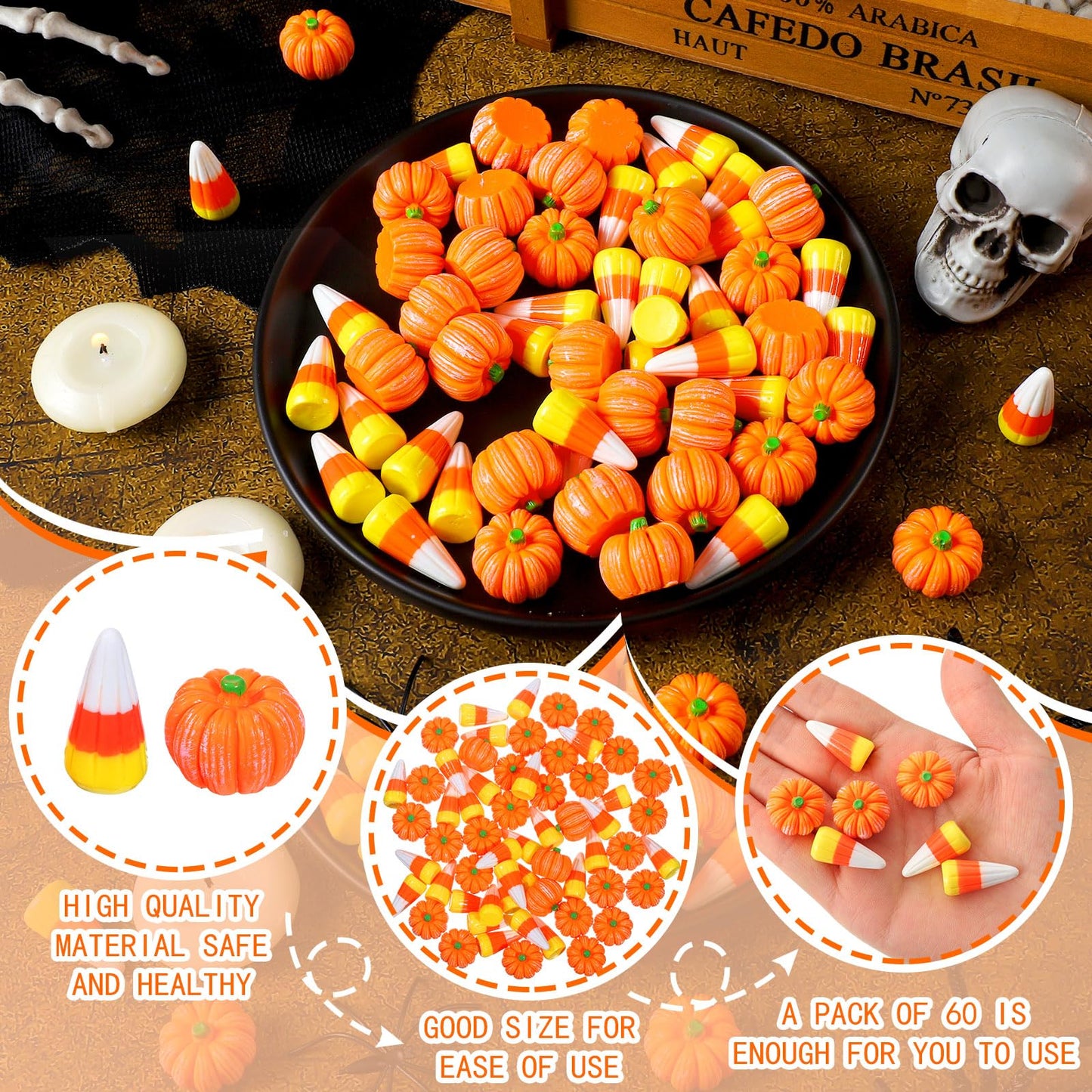 Wettarn 60 Pcs Fake Candy Corn Pumpkin Fall Resin Mini Pumpkin Halloween Resin Charms for Craft Making Artificial Candy Decorations for DIY Halloween Fall Thanksgiving Handmake Decor