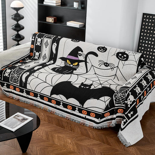 EVENHUG Halloween Theme Sofa Covers with Tassels Reversible Couch Cover for Pets Dogs Halloween Home Decoration Sofa Slipcover for 2-3 Cushion Couch Washable Chenille Couch Protector (71" X102")