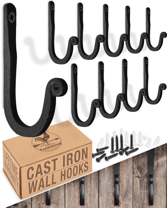 Larger Railroad Spike Cast Iron Hooks (10 Pack) Handmade Blacksmith, Wall Mounted, Farmhouse Decor Cast Iron Wall Hooks, Vintage Hooks for Hanging (Black)