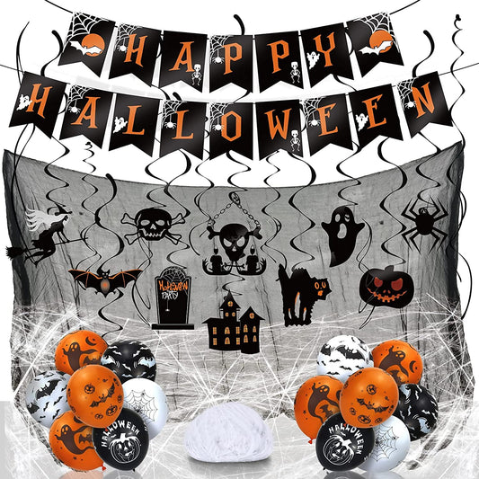 LINAYE Halloween Party Decorations Kit Indoor Outdoor | Halloween Hanging Swirl Decorations, Banner, Creepy Cloth, Balloons, Spider Web Hanging Decorations Decor Set Pack