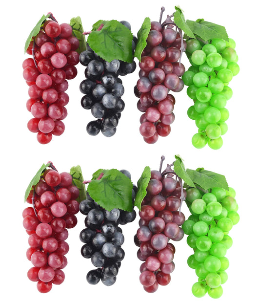 JEDFORE 7 Inches Artificial Grapes Cluster Rubber Frosted Grape Bundles Decorative Grapes Bunches for Vintage Wedding Favor Fruit Wine Decor Faux Fruit Props (Black, Red, Green, Purple - 8 Pack)