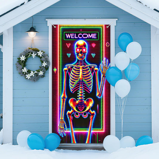 INV Neon Skeleton Welcome Door Cover 35x71 Inch Happy Halloween Double Sided Cyberpunk Door Decoration with Glowing Skeleton, Neon Lights & Welcome Sign for Indoor Outdoor Party Bar Decor