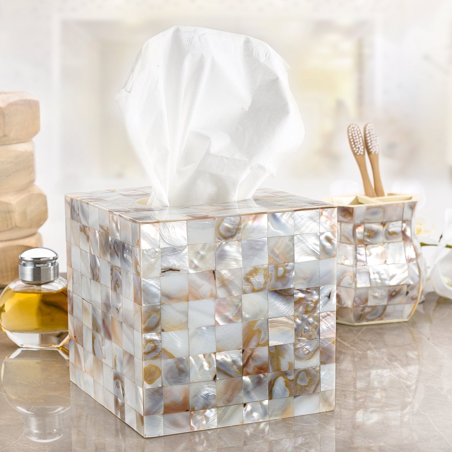 Milano Mother of Pearl Square Resin Tissue Box Cover with Bottom Slider