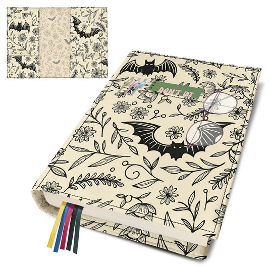Bat Flower Book Cover Protector for Paperback,Adjustable Soft Canvas Fabric Book Cover with Pocket Bookmark,Double Side Print Book Dust Jacket Covers for Hardcover, Halloween Book Lovers Gift