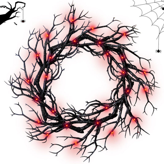 Halloween Black Branch Wreath - 16.5 Inch Glitter Black Twig Halloween Wreaths with Red Lights for Front Door Indoor Outdoor Party Window Wall Decor Farmhouse Garland Yard