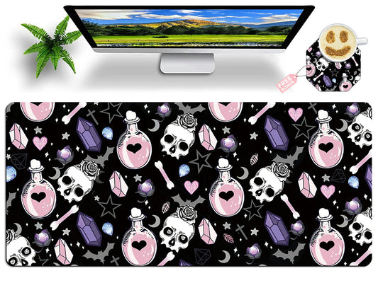 XXL Extended Mouse Pad with Coaster 31.5 x 11.8 Full Desk Mousepad Stitched Edges Pad Extended Large Gaming Mouse Pad for Office Home Desk Mat-Skull Goth Magic Cute Witchy