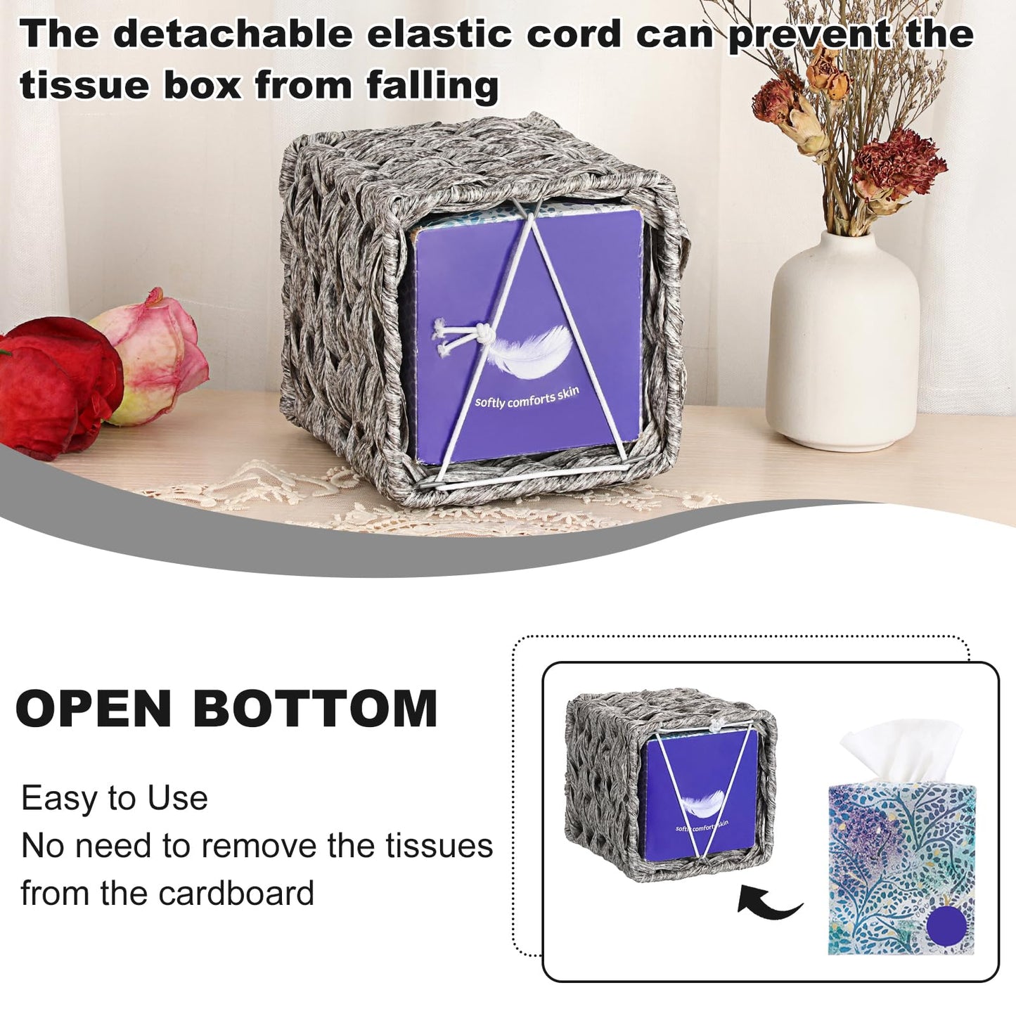 Sumnacon Wicker Tissue Box Cover, Square Tissue Box Holder, Hand Woven Facial Tissues Dispenser, Decorative Boho Tissue Box Organizer for Bathroom Bedroom Kitchen Office Table Desk Counter, Grey