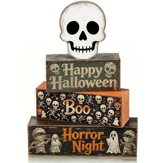 4 Pcs Halloween Tiered Tray Decor, Vintage Farmhouse Wooden Block Signs with Skull Ghost Mummy, Happy Halloween Boo Horror Night Tabletop Centerpiece for Home Kitchen Shelf