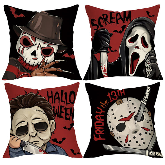 Pycat Halloween Horror Movie Characters Decorative Throw Pillow Covers 18 x 18 Set of 4, Red Black Scary Grim Reaper Mask Porch Outdoor Home Decor, Scream Bloody Knives Bat Sofa Couch Cushion Case
