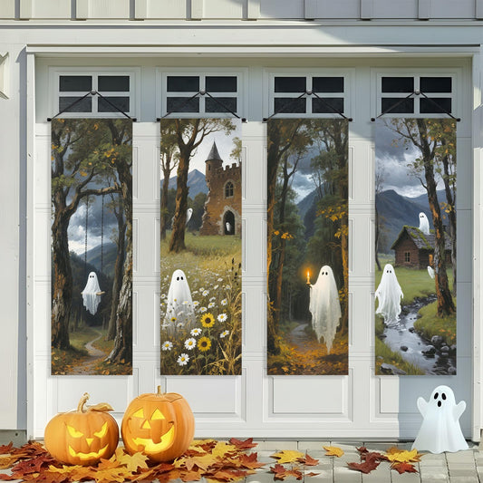 GlikCeil 4 Pack Vintage Halloween Decorations Banner 47 x 15 in Retro Cute Ghost Banner with Country Landscape Paint Halloween Hanging Backdrop Decor Farmhouse Indoor Outdoor Aesthetic Wall Art