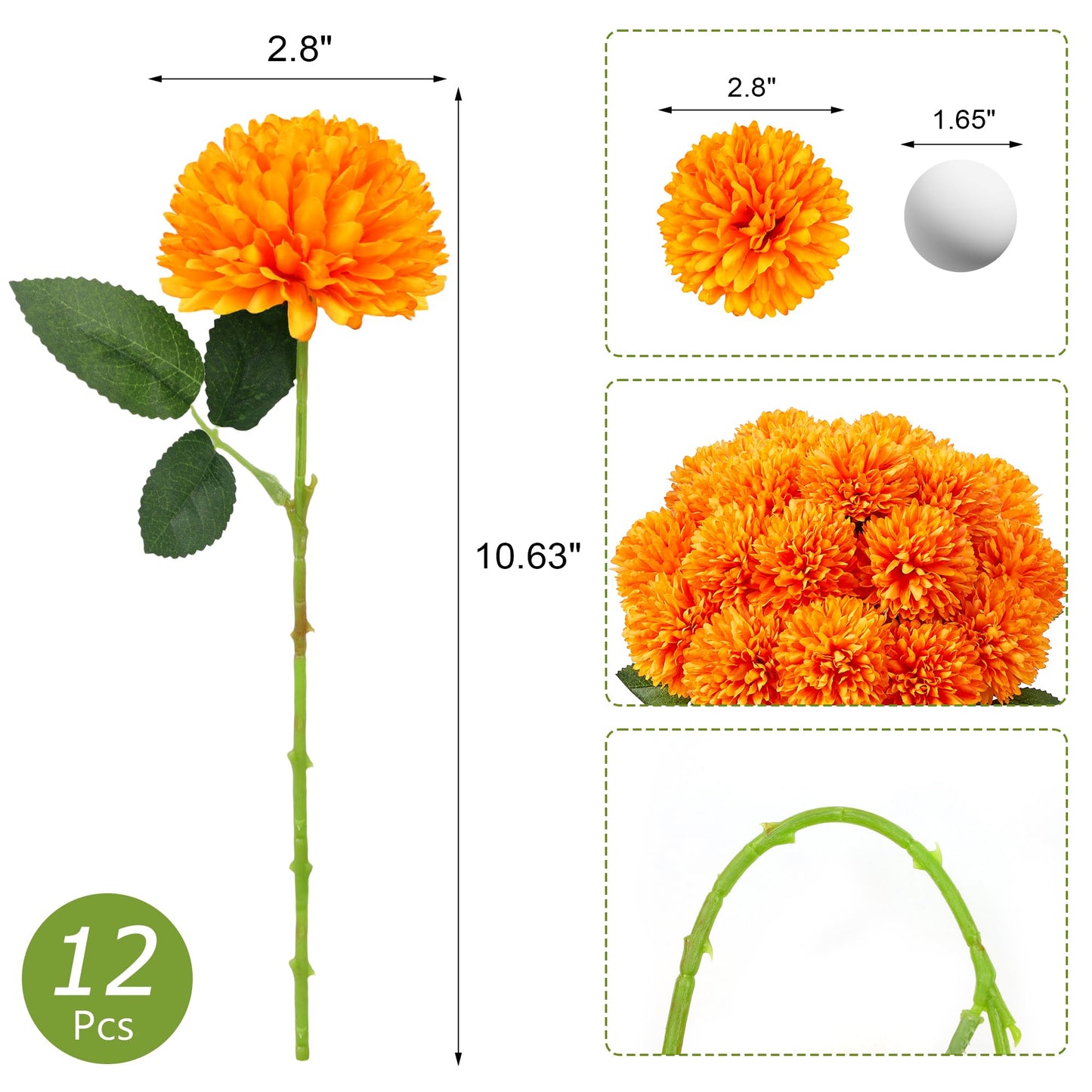 SITUMEIZI 12 Pcs Orange Artificial Chrysanthemums Flowers Ball Flower Fake Mums Silk for Fall Decor Halloween Thanksgiving Day Wedding Home Kitchen Decoration Floral Arrangement